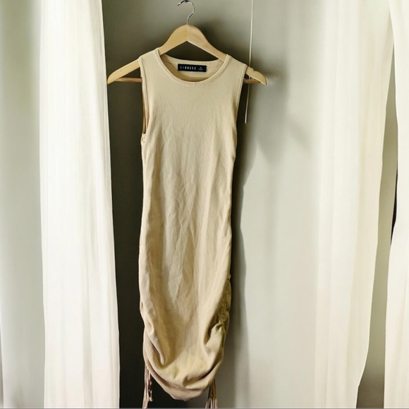 Lioness Military Minds Mini Dress in a camel color with ruched sides - Picture 2 of 16